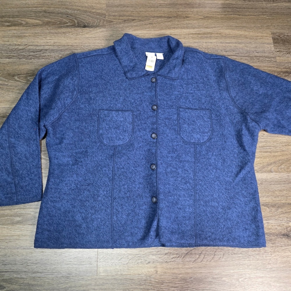 Cherokee Womens 26W/28W Cardigan Sweater Blue 100% Wool Button Collared Vintage